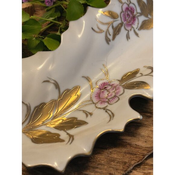 Vintage Kalk White German Porcelain Leaf Dish Floral Gold Trim Floral 10.5" cros - Picture 3 of 11